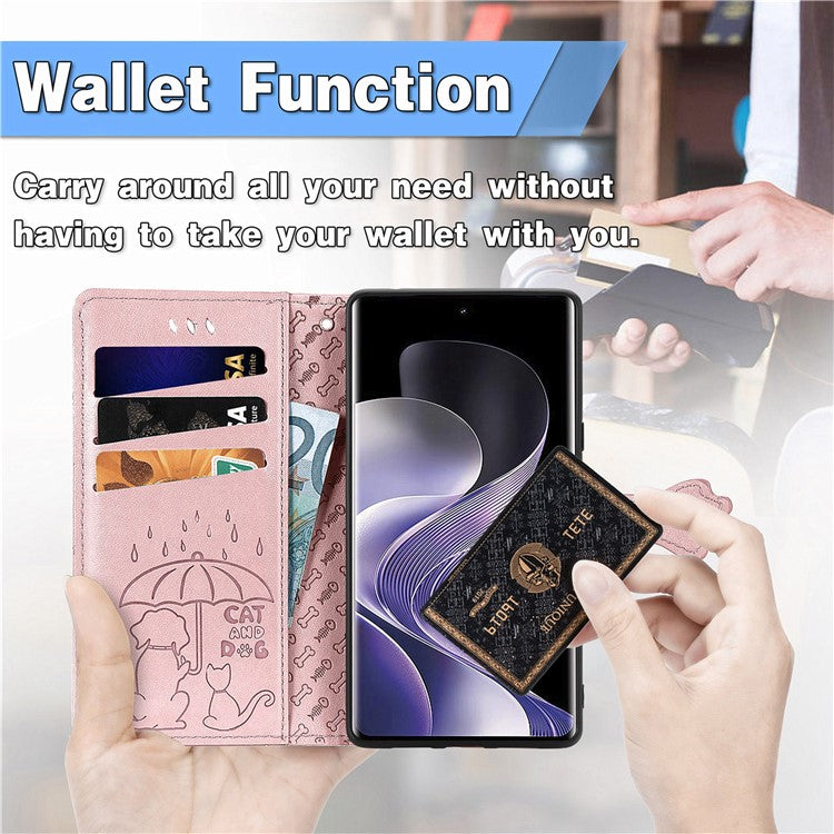 For vivo T3 Ultra 5G Case Leather Wallet Flip Phone Cover Cute Cat Dog Pattern - Rose Gold