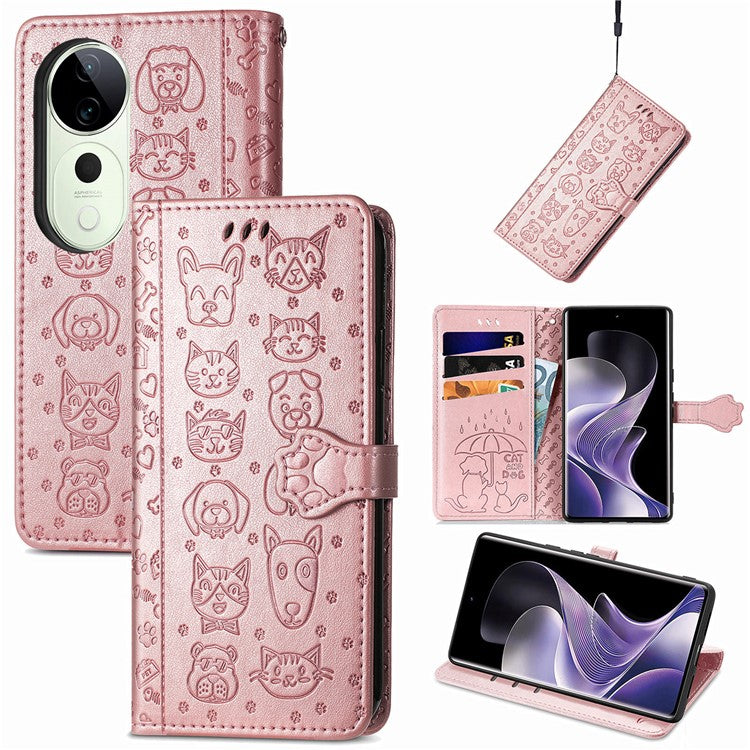 For vivo T3 Ultra 5G Case Leather Wallet Flip Phone Cover Cute Cat Dog Pattern - Rose Gold