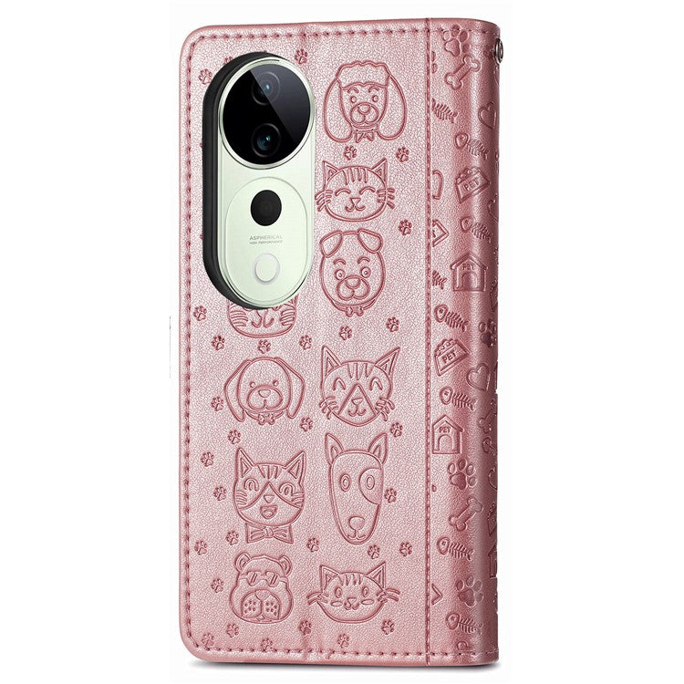 For vivo T3 Ultra 5G Case Leather Wallet Flip Phone Cover Cute Cat Dog Pattern - Rose Gold