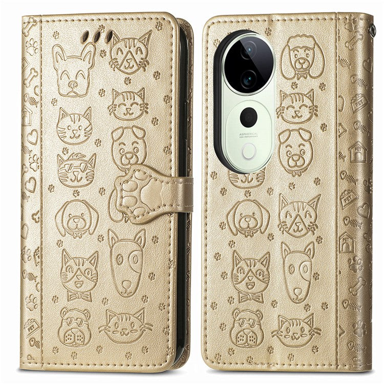 For vivo T3 Ultra 5G Case Leather Wallet Flip Phone Cover Cute Cat Dog Pattern - Gold