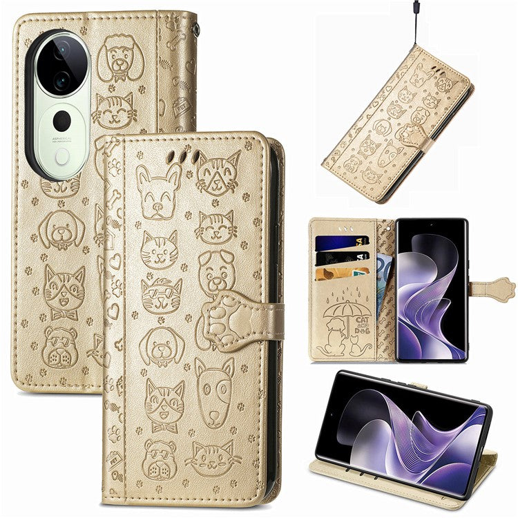 For vivo T3 Ultra 5G Case Leather Wallet Flip Phone Cover Cute Cat Dog Pattern - Gold