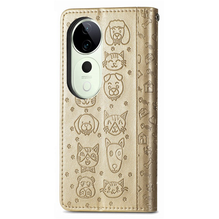 For vivo T3 Ultra 5G Case Leather Wallet Flip Phone Cover Cute Cat Dog Pattern - Gold