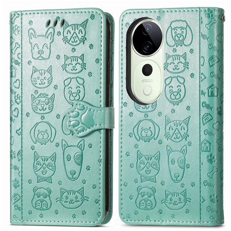 For vivo T3 Ultra 5G Case Leather Wallet Flip Phone Cover Cute Cat Dog Pattern - Green