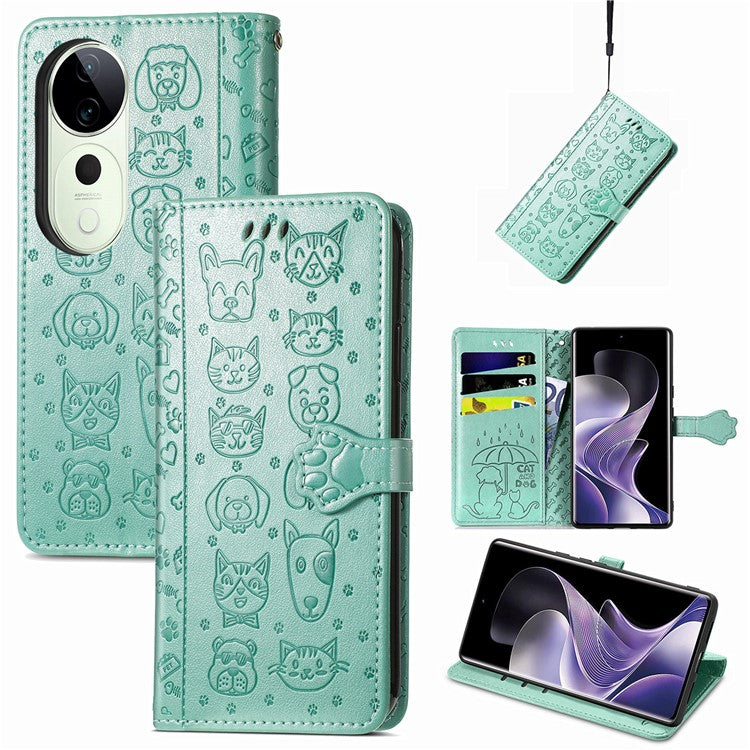 For vivo T3 Ultra 5G Case Leather Wallet Flip Phone Cover Cute Cat Dog Pattern - Green