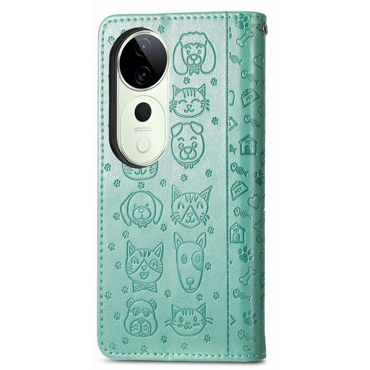 For vivo T3 Ultra 5G Case Leather Wallet Flip Phone Cover Cute Cat Dog Pattern - Green