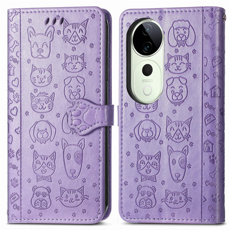 For vivo T3 Ultra 5G Case Leather Wallet Flip Phone Cover Cute Cat Dog Pattern - Light Purple