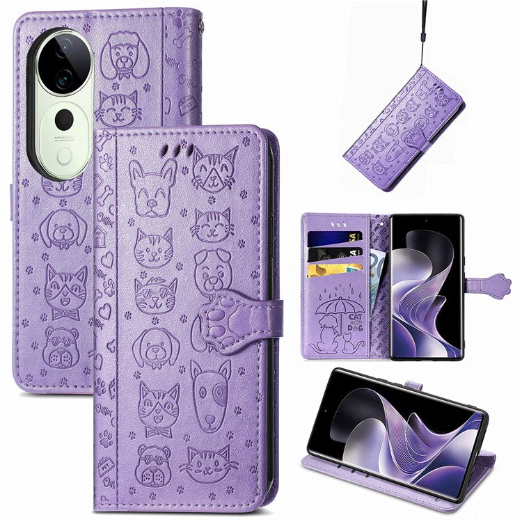 For vivo T3 Ultra 5G Case Leather Wallet Flip Phone Cover Cute Cat Dog Pattern - Light Purple