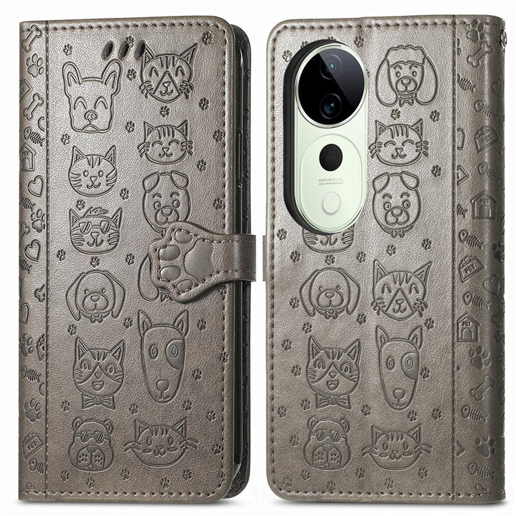 For vivo T3 Ultra 5G Case Leather Wallet Flip Phone Cover Cute Cat Dog Pattern - Grey