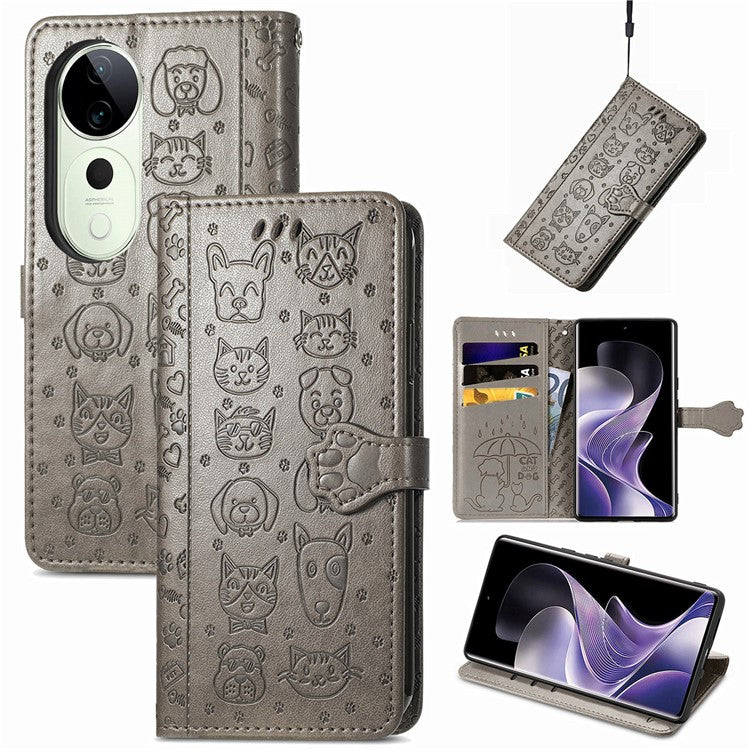 For vivo T3 Ultra 5G Case Leather Wallet Flip Phone Cover Cute Cat Dog Pattern - Grey