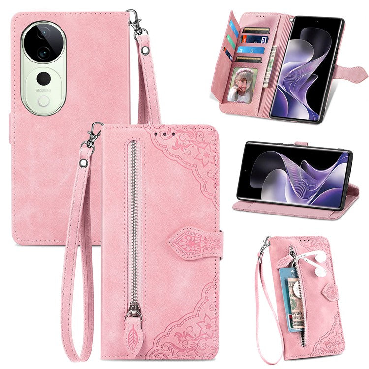 For vivo T3 Ultra 5G Case Zipper Wallet PU Leather Flower Imprint Phone Cover - Pink