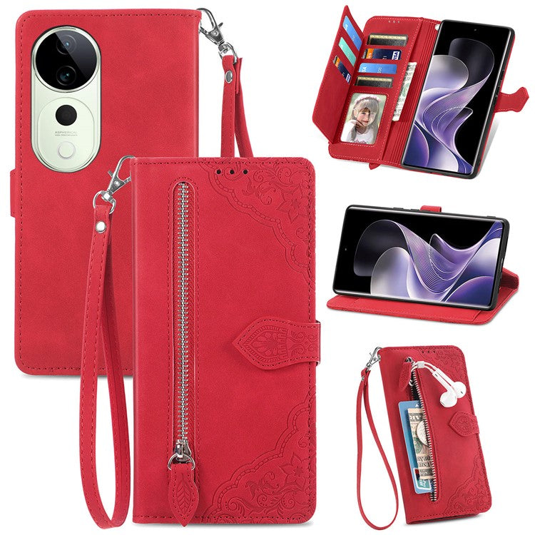 For vivo T3 Ultra 5G Case Zipper Wallet PU Leather Flower Imprint Phone Cover - Red