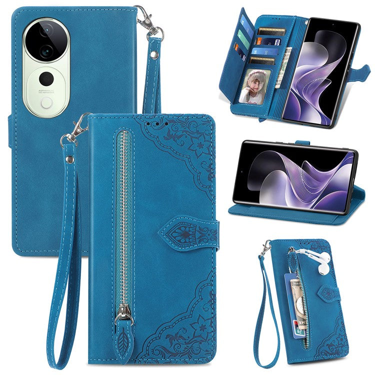 For vivo T3 Ultra 5G Case Zipper Wallet PU Leather Flower Imprint Phone Cover - Blue