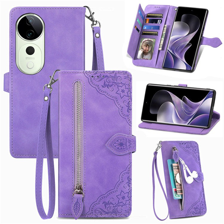 For vivo T3 Ultra 5G Case Zipper Wallet PU Leather Flower Imprint Phone Cover - Light Purple