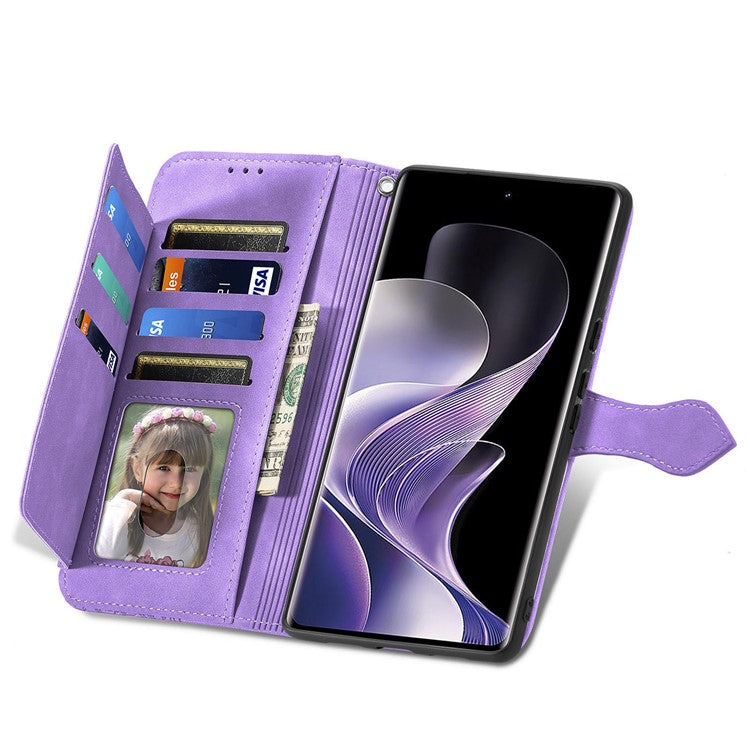 For vivo T3 Ultra 5G Case Zipper Wallet PU Leather Flower Imprint Phone Cover - Light Purple