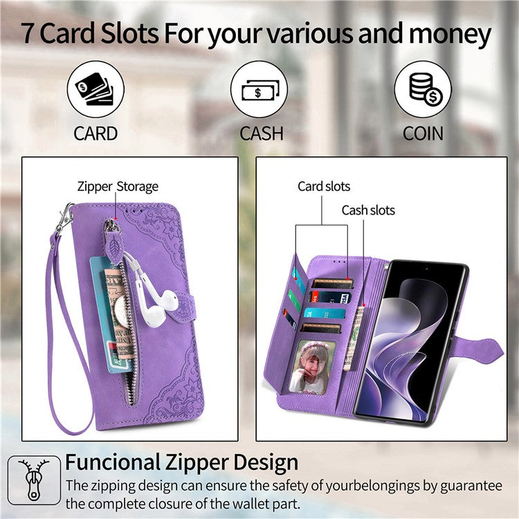 For vivo T3 Ultra 5G Case Zipper Wallet PU Leather Flower Imprint Phone Cover - Light Purple