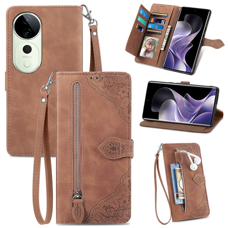 For vivo T3 Ultra 5G Case Zipper Wallet PU Leather Flower Imprint Phone Cover - Brown