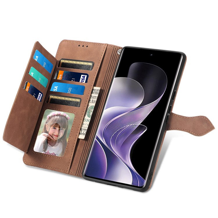 For vivo T3 Ultra 5G Case Zipper Wallet PU Leather Flower Imprint Phone Cover - Brown