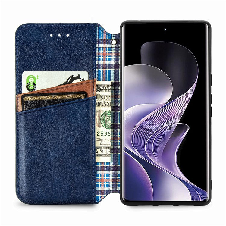 For vivo T3 Ultra 5G Case Rhombus Imprint PU Leather Wallet Phone Cover - Blue