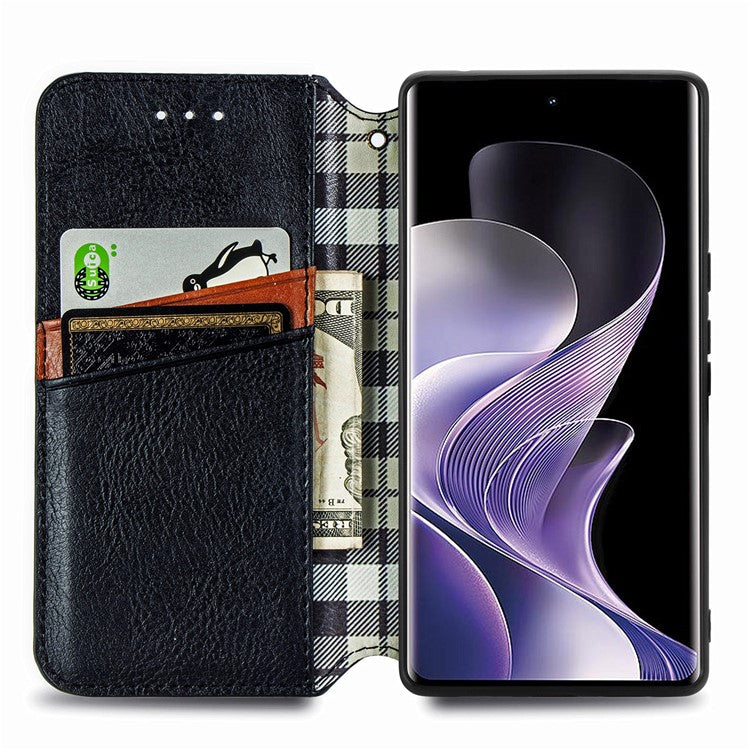 For vivo T3 Ultra 5G Case Rhombus Imprint PU Leather Wallet Phone Cover - Black