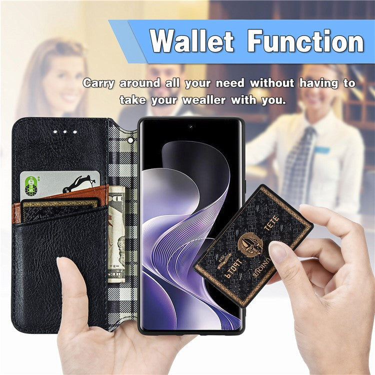 For vivo T3 Ultra 5G Case Rhombus Imprint PU Leather Wallet Phone Cover - Black