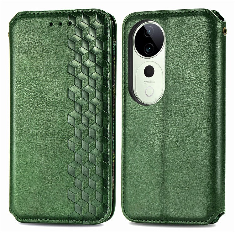 For vivo T3 Ultra 5G Case Rhombus Imprint PU Leather Wallet Phone Cover - Green