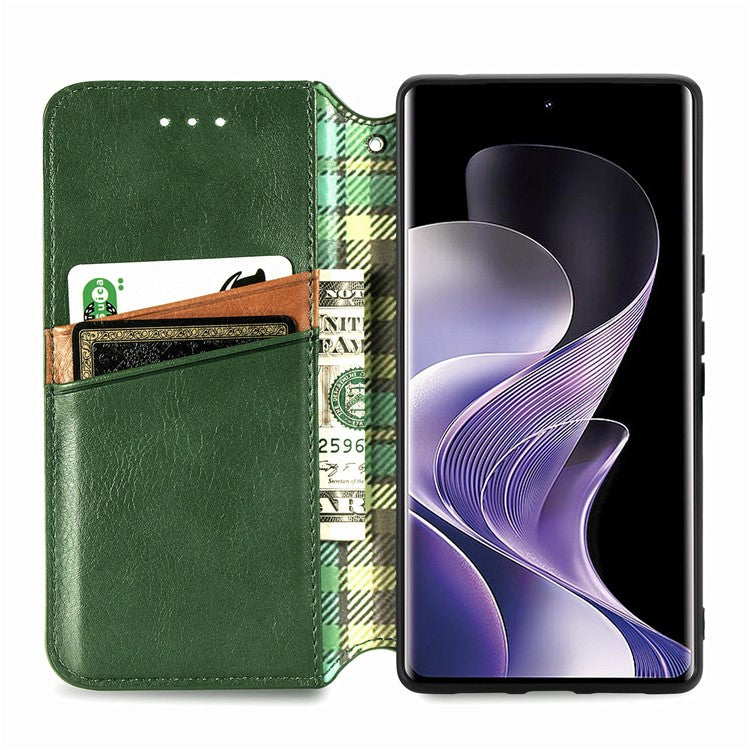 For vivo T3 Ultra 5G Case Rhombus Imprint PU Leather Wallet Phone Cover - Green