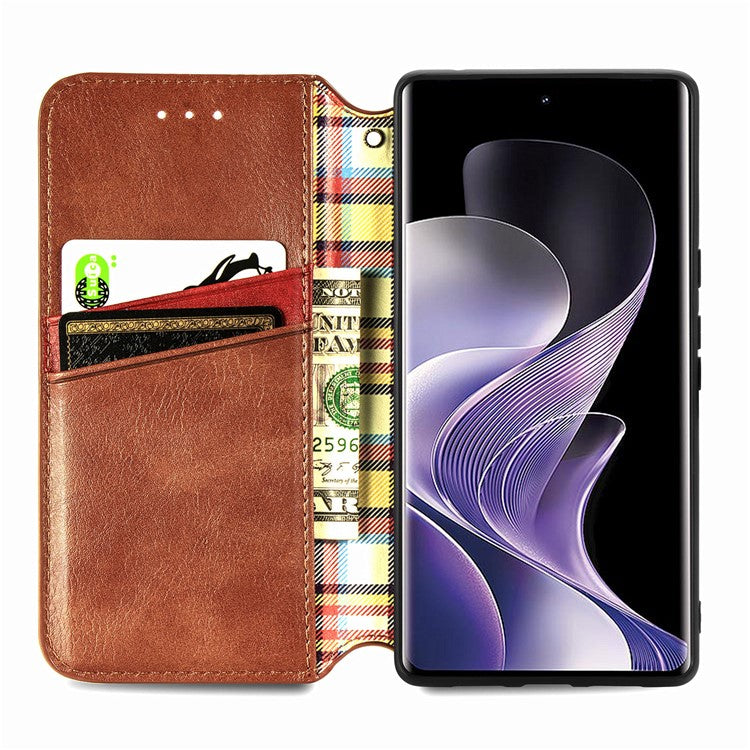 For vivo T3 Ultra 5G Case Rhombus Imprint PU Leather Wallet Phone Cover - Brown