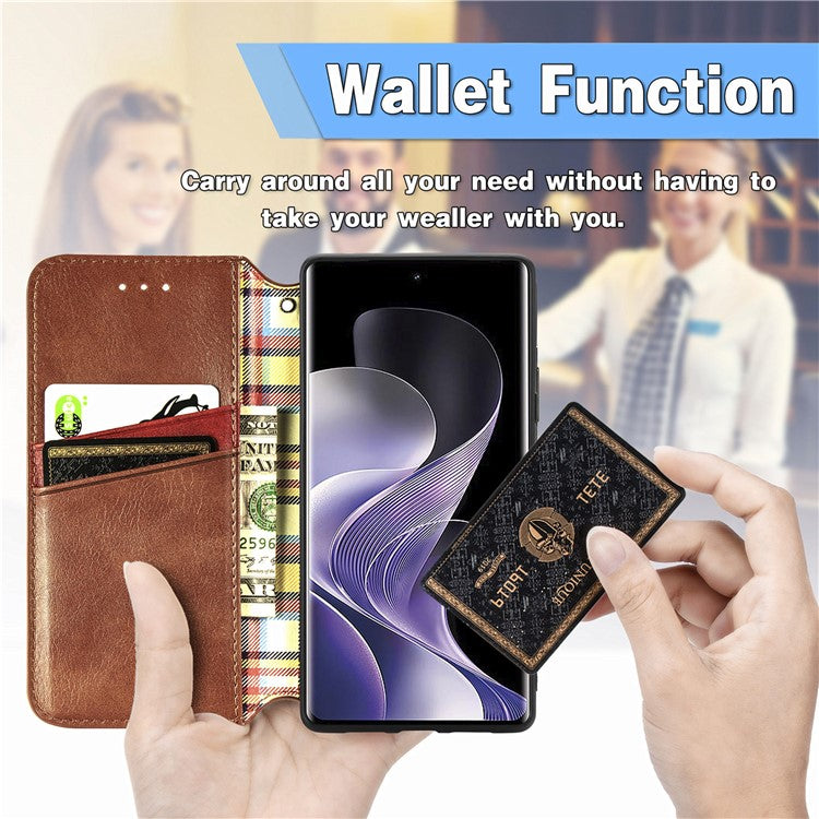 For vivo T3 Ultra 5G Case Rhombus Imprint PU Leather Wallet Phone Cover - Brown