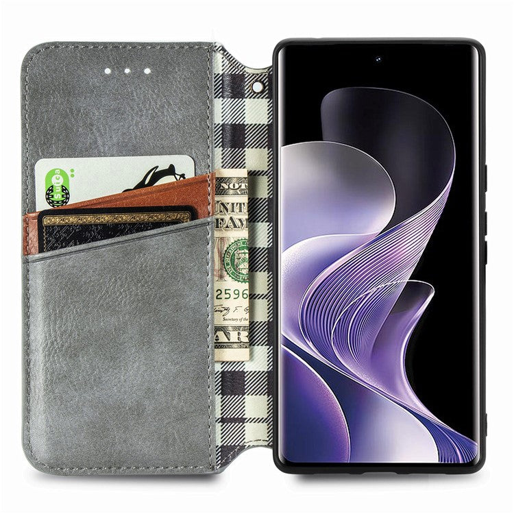 For vivo T3 Ultra 5G Case Rhombus Imprint PU Leather Wallet Phone Cover - Grey