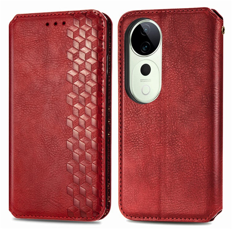 For vivo T3 Ultra 5G Case Rhombus Imprint PU Leather Wallet Phone Cover - Red