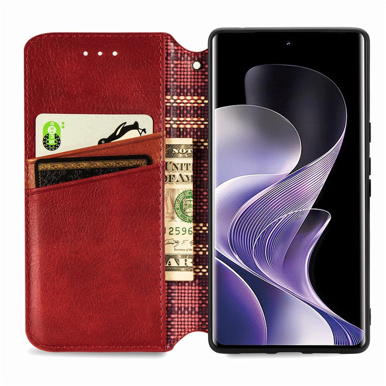 For vivo T3 Ultra 5G Case Rhombus Imprint PU Leather Wallet Phone Cover - Red