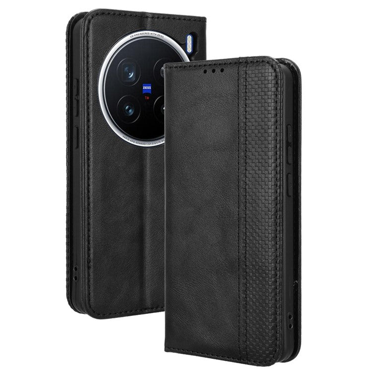 For vivo X200 Pro 5G Leather Case Wallet Stand Retro Texture Phone Cover - Black