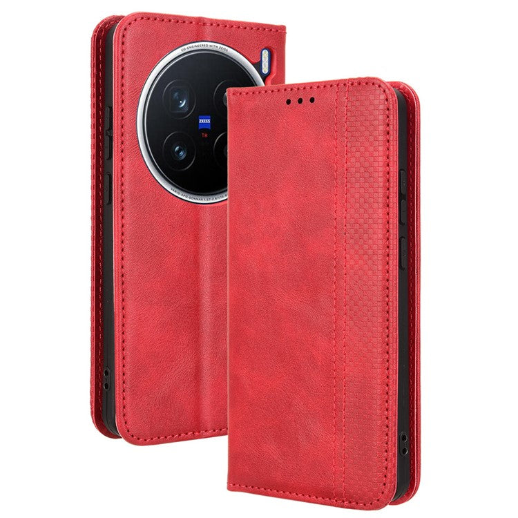 For vivo X200 Pro 5G Leather Case Wallet Stand Retro Texture Phone Cover - Red