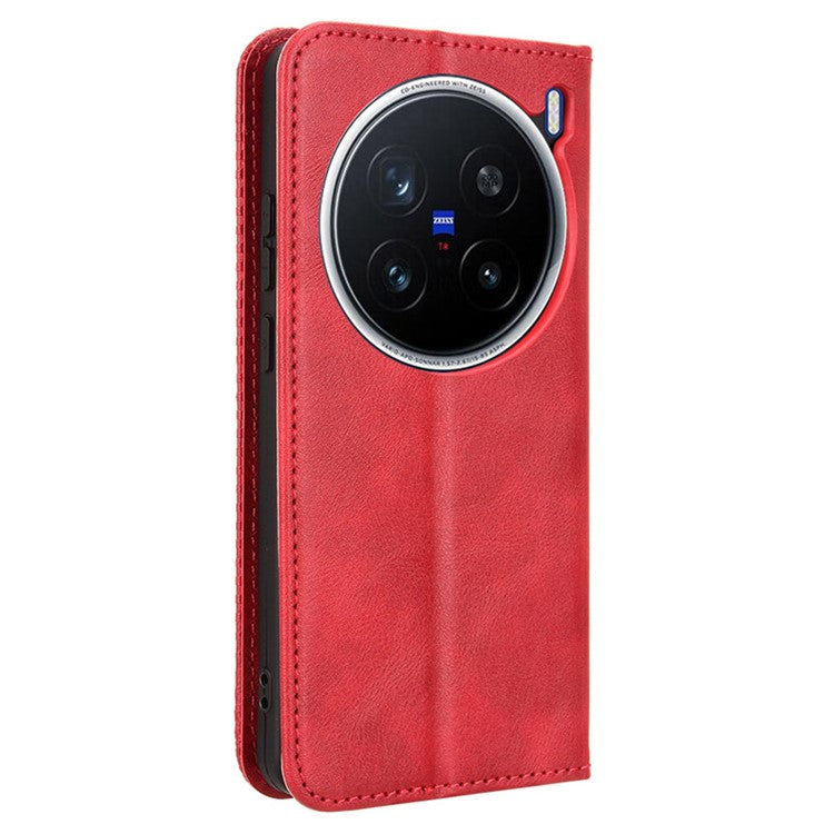 For vivo X200 Pro 5G Leather Case Wallet Stand Retro Texture Phone Cover - Red