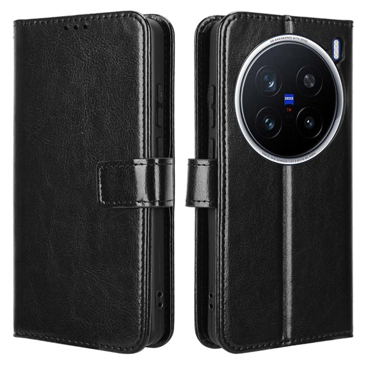 For vivo X200 Pro 5G Case Crazy Horse Texture PU Leather Phone Wallet Cover - Black