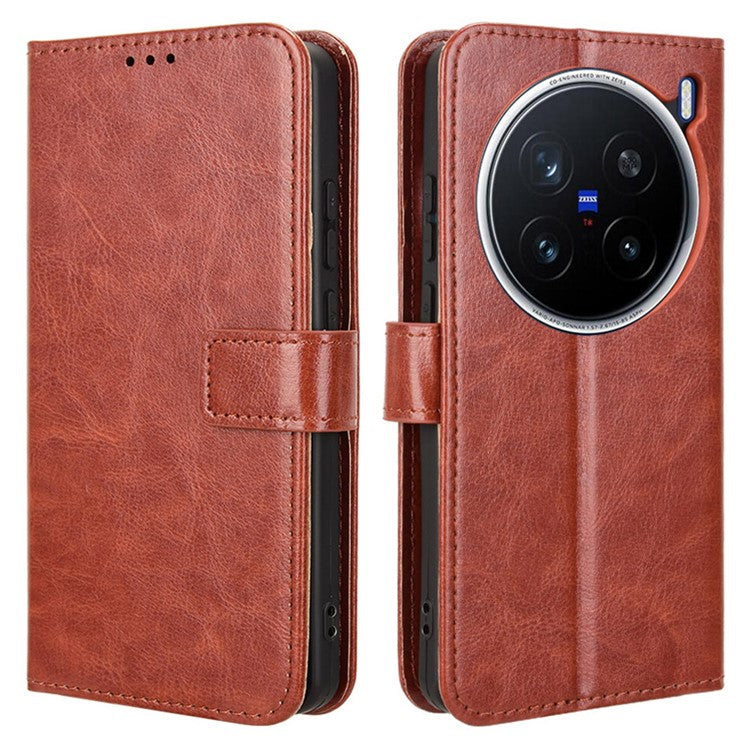 For vivo X200 Pro 5G Case Crazy Horse Texture PU Leather Phone Wallet Cover - Brown