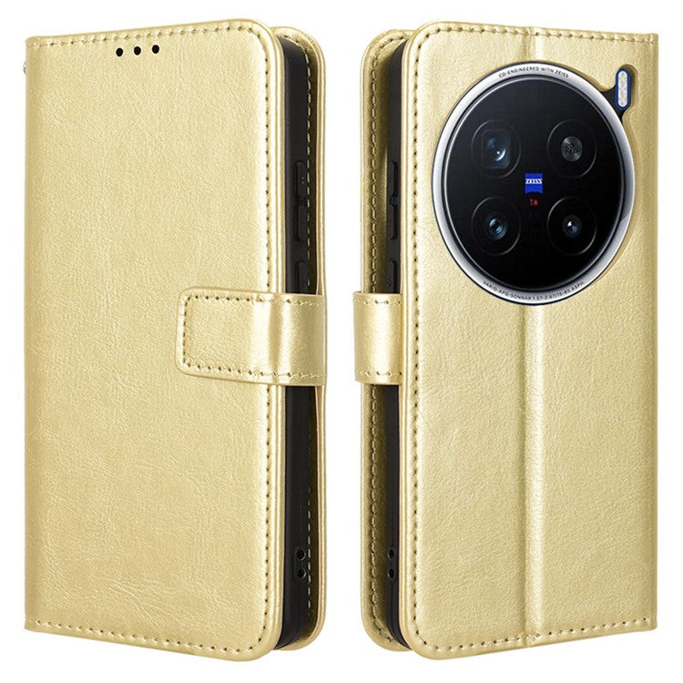 For vivo X200 Pro 5G Case Crazy Horse Texture PU Leather Phone Wallet Cover - Gold