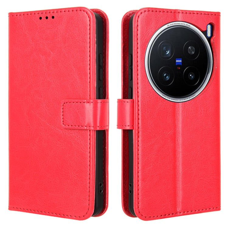 For vivo X200 Pro 5G Case Crazy Horse Texture PU Leather Phone Wallet Cover - Red