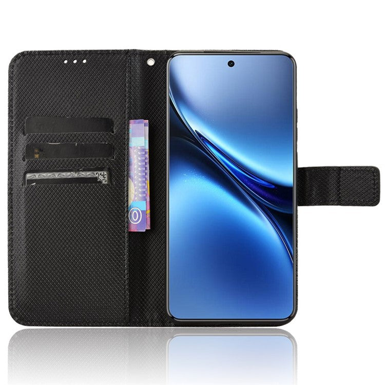 For vivo X200 Pro 5G Case PU Leather Diamond Texture Wallet Phone Cover - Black