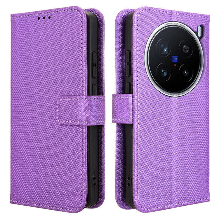 For vivo X200 Pro 5G Case PU Leather Diamond Texture Wallet Phone Cover - Purple