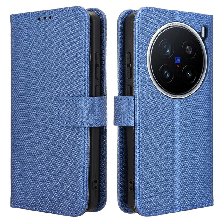 For vivo X200 Pro 5G Case PU Leather Diamond Texture Wallet Phone Cover - Blue