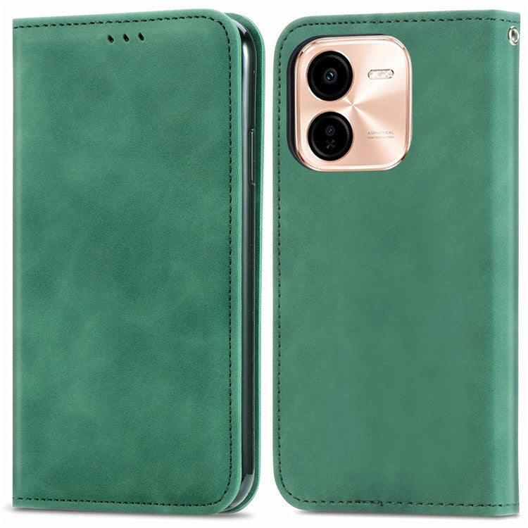 For vivo Y37 Pro 5G Case Skin Touch Feeling Leather Card Holder Phone Cover Magnetic Absorption - Green