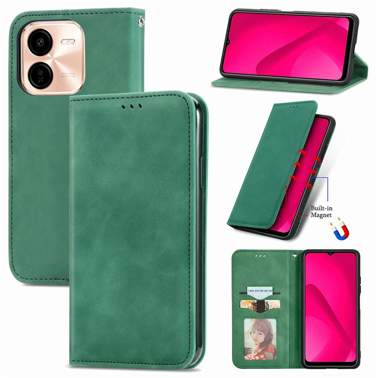 For vivo Y37 Pro 5G Case Skin Touch Feeling Leather Card Holder Phone Cover Magnetic Absorption - Green