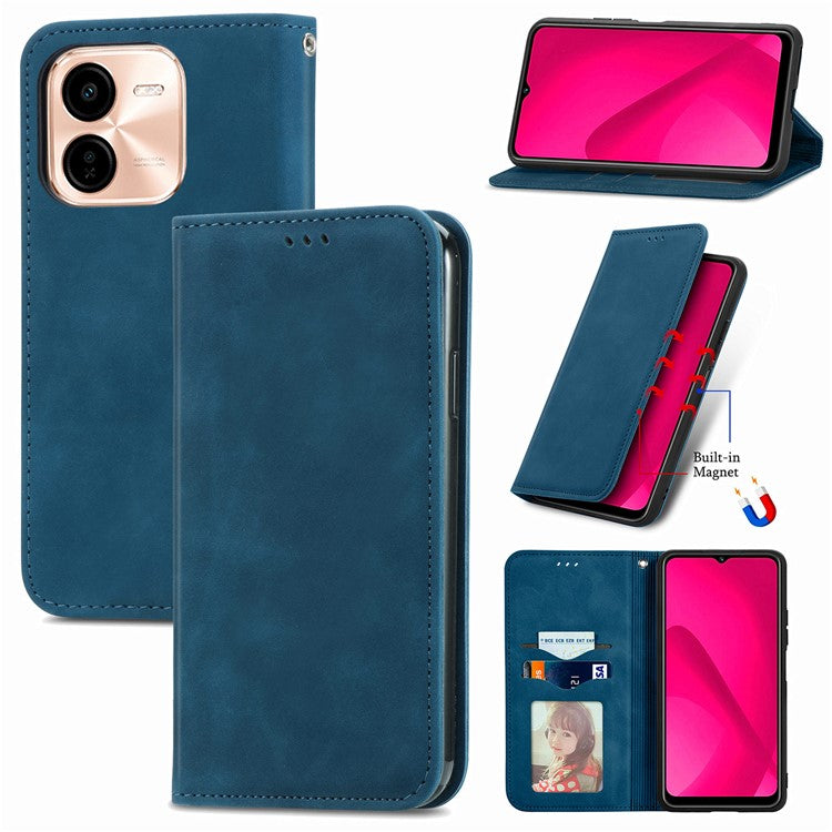 For vivo Y37 Pro 5G Case Skin Touch Feeling Leather Card Holder Phone Cover Magnetic Absorption - Dark Blue