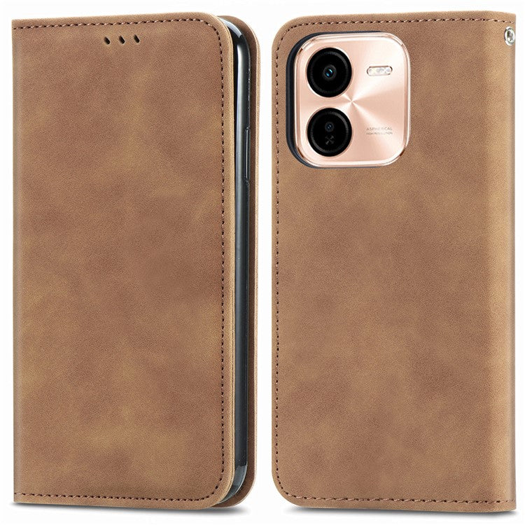 For vivo Y37 Pro 5G Case Skin Touch Feeling Leather Card Holder Phone Cover Magnetic Absorption - Brown