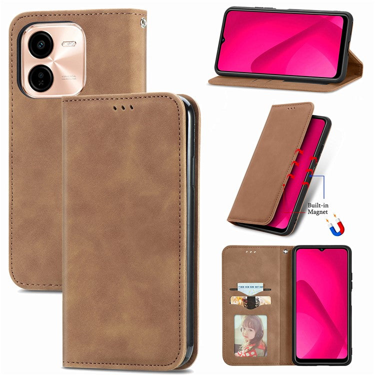 For vivo Y37 Pro 5G Case Skin Touch Feeling Leather Card Holder Phone Cover Magnetic Absorption - Brown