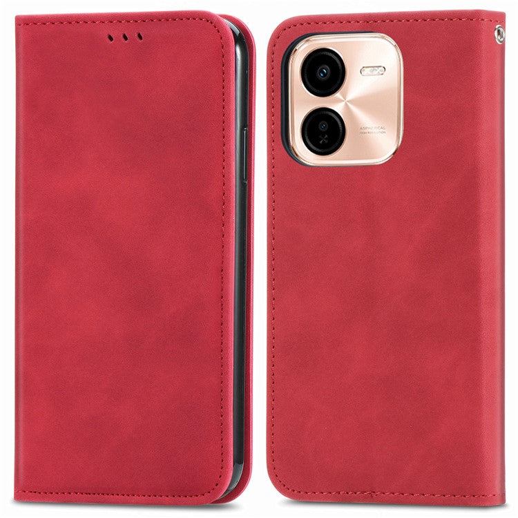 For vivo Y37 Pro 5G Case Skin Touch Feeling Leather Card Holder Phone Cover Magnetic Absorption - Red