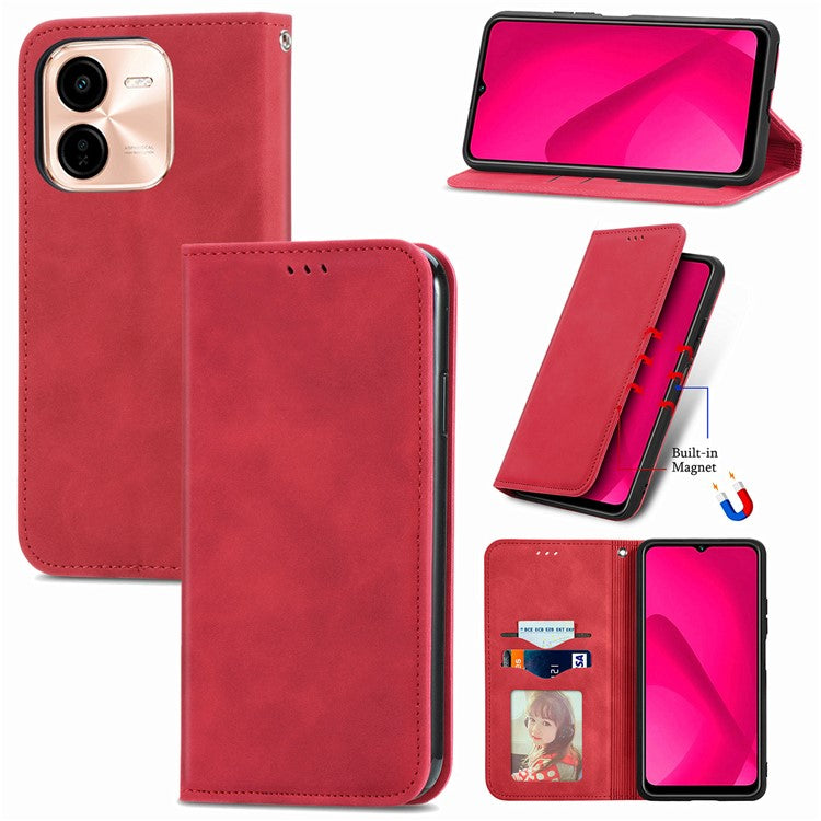 For vivo Y37 Pro 5G Case Skin Touch Feeling Leather Card Holder Phone Cover Magnetic Absorption - Red