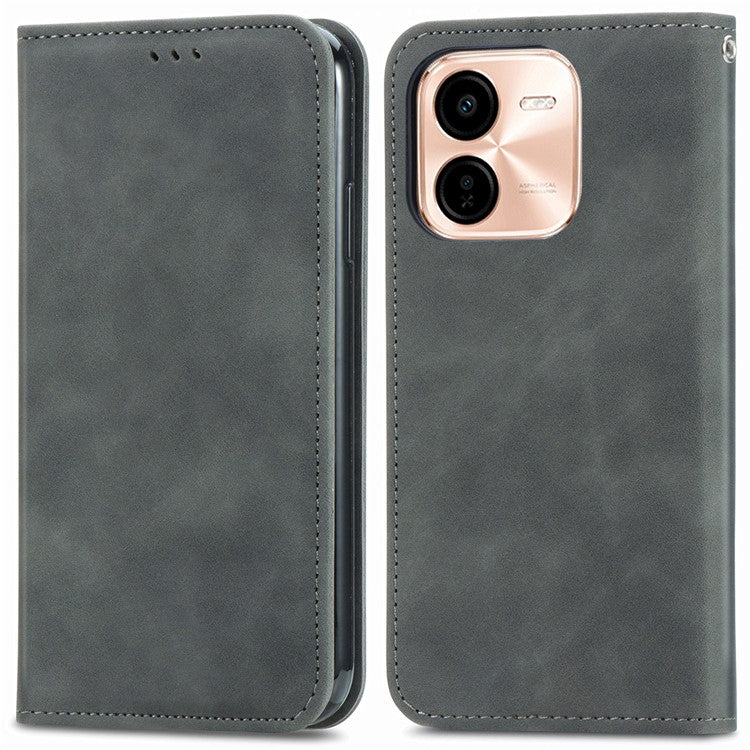 For vivo Y37 Pro 5G Case Skin Touch Feeling Leather Card Holder Phone Cover Magnetic Absorption - Grey