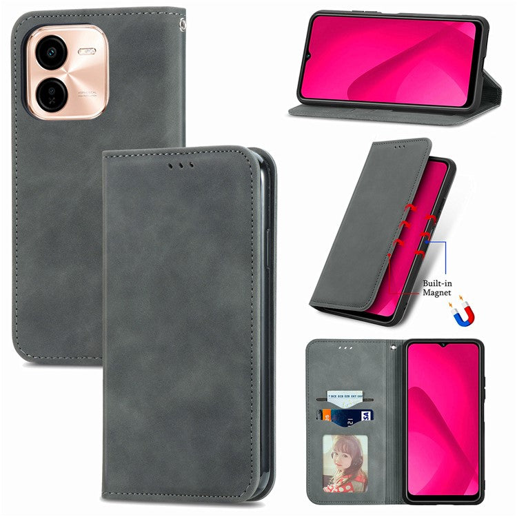 For vivo Y37 Pro 5G Case Skin Touch Feeling Leather Card Holder Phone Cover Magnetic Absorption - Grey